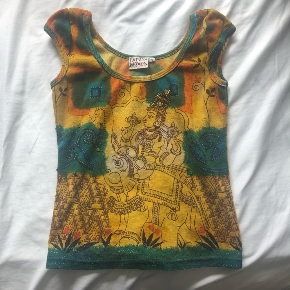 Papaya Moon Y2K Yellow & Teal Printed Tank Top
